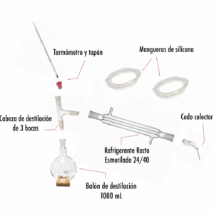 Sistema de destilación 1000 mL Refrigerante Recto Uniones 24/40