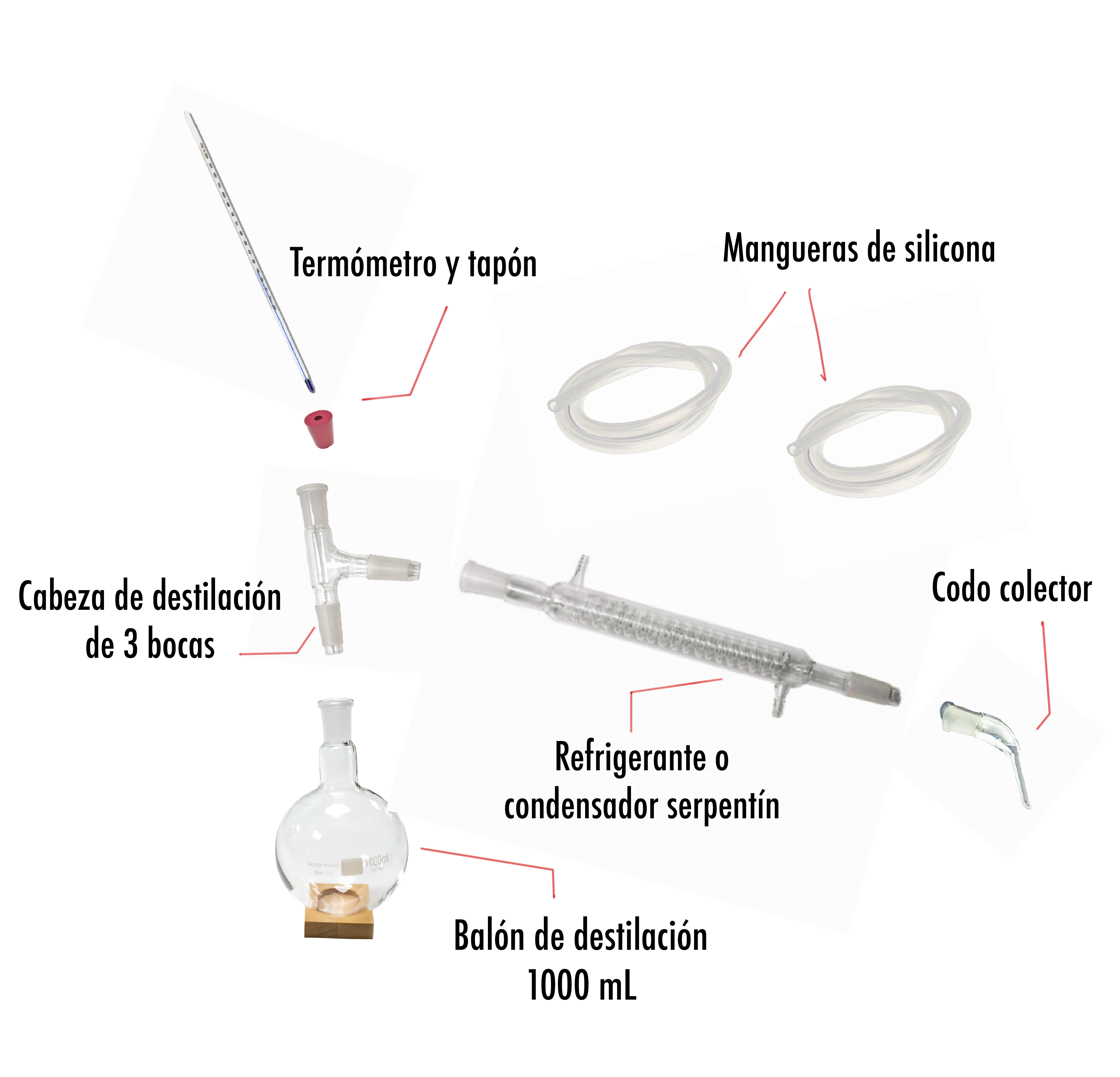 Sistema de destilación 1000 mL Refrigerante Recto Uniones 24/40