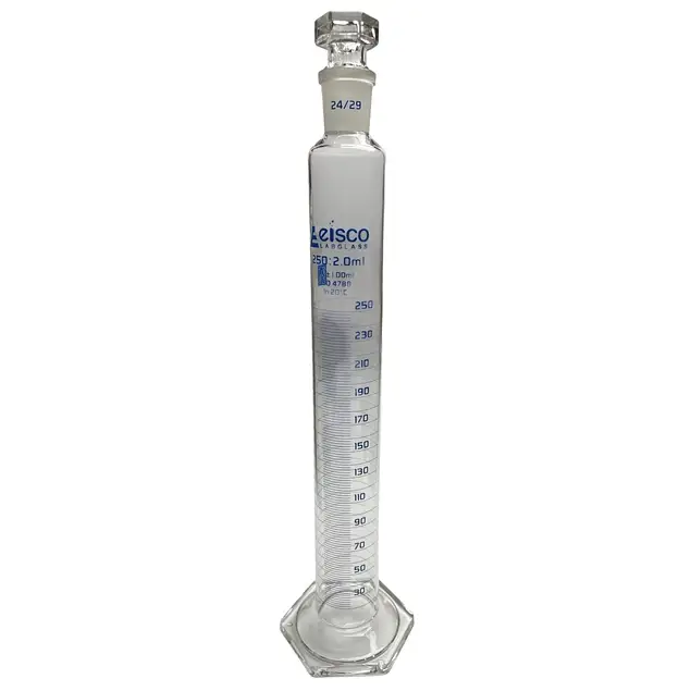 Probeta Graduada de Vidrio 250 mL - Clase A con  Tapones de vidrio y PP - Cert ISO 4788 EISCO